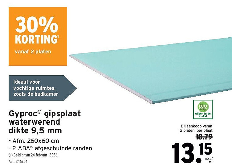 Gyproc® gipsplaat waterwerend dikte 9,5 mm