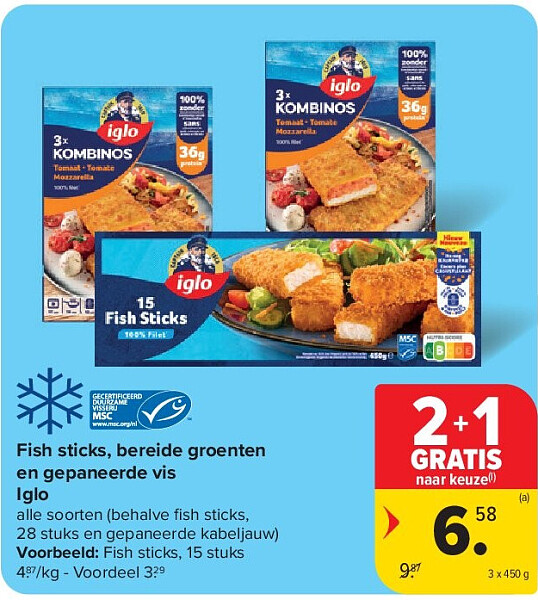 Fish sticks, bereide groenten en gepaneerde vis Iglo