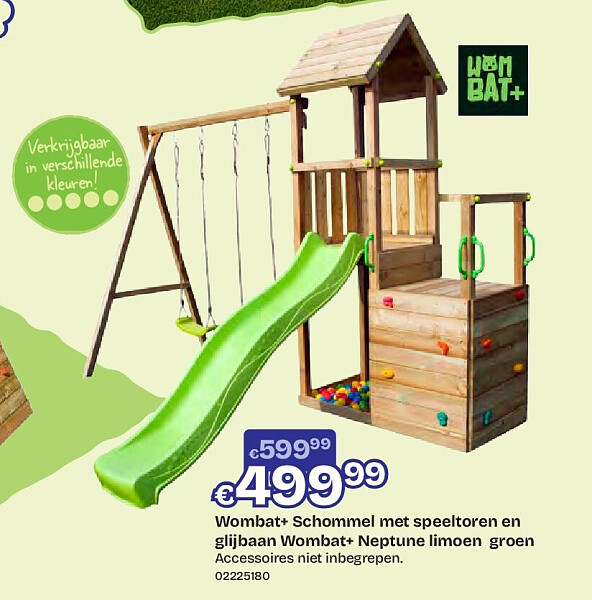Wombat+ Schommel met speeltoren en glijbaan Wombat+ Neptune limoen groen Accessoires niet inbegrepen.