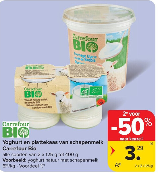 Yoghurt en plattekaas van schapenmelk Carrefour Bio