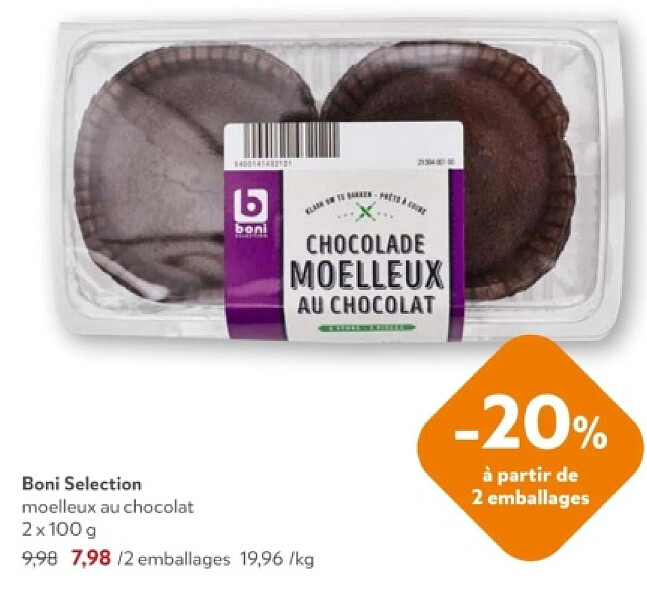 Boni Selection moelleux au chocolat 2x100 g