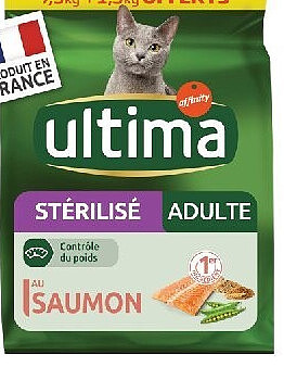 Croquettes pour chat adulte stérilisé au saumon Ultima, 7,5 kg