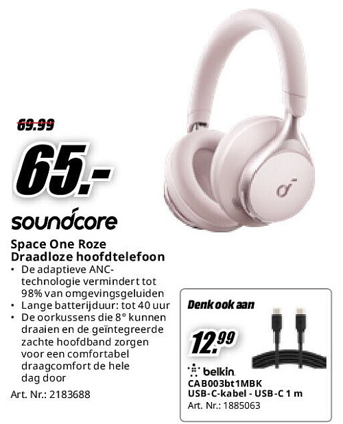 Space One Roze Draadloze hoofdtelefoon