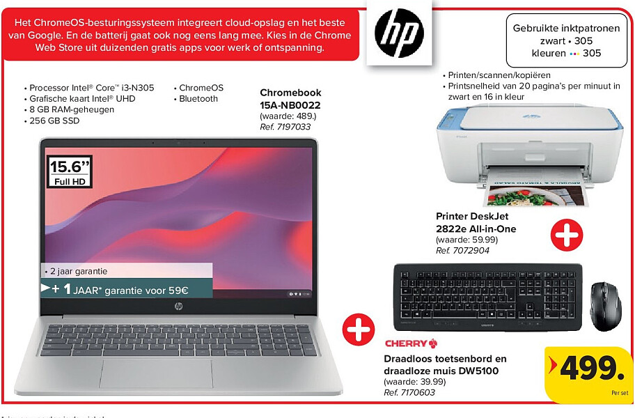 Chromebook 15A-NB0022 + Printer DeskJet 2822e All-in-One + Draadloos toetsenbord en draadloze muis DW5100