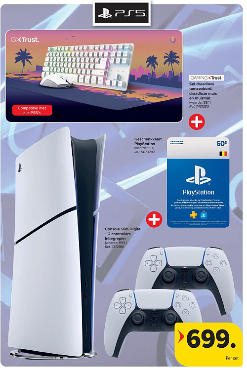 Set draadloos toetsenbord, draadloze muis en muismat + Geschenkkaart PlayStation + Console Slim Digital + 2 controllers