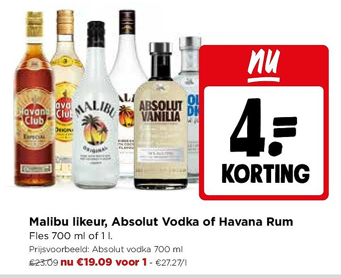 Malibu likeur, Absolut Vodka of Havana Rum
