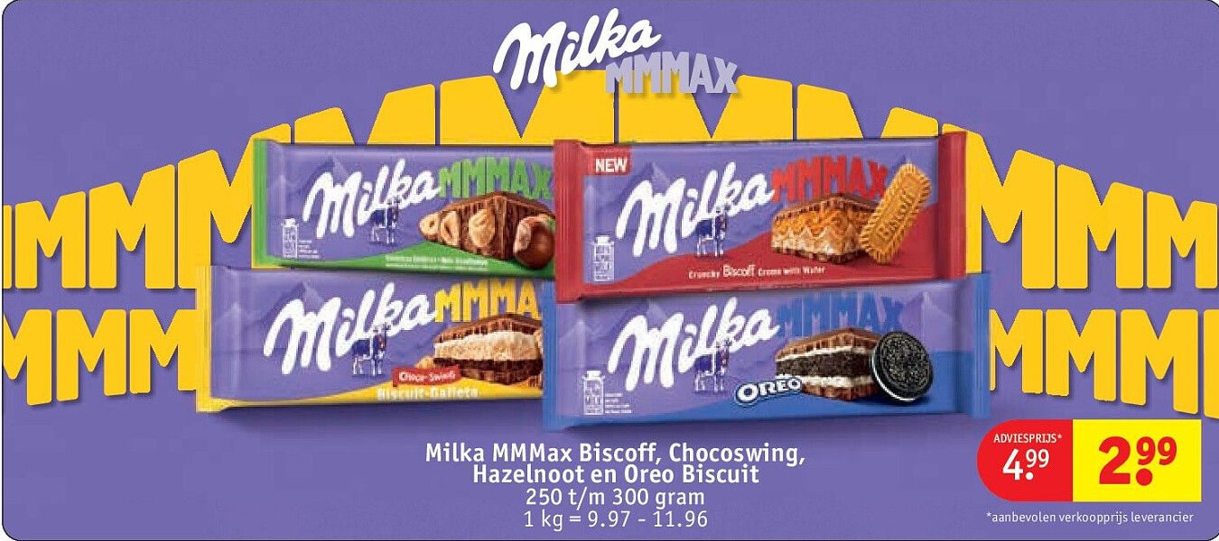 Milka MMMax Biscoff, Chocoswing, Hazelnoot en Oreo Biscuit