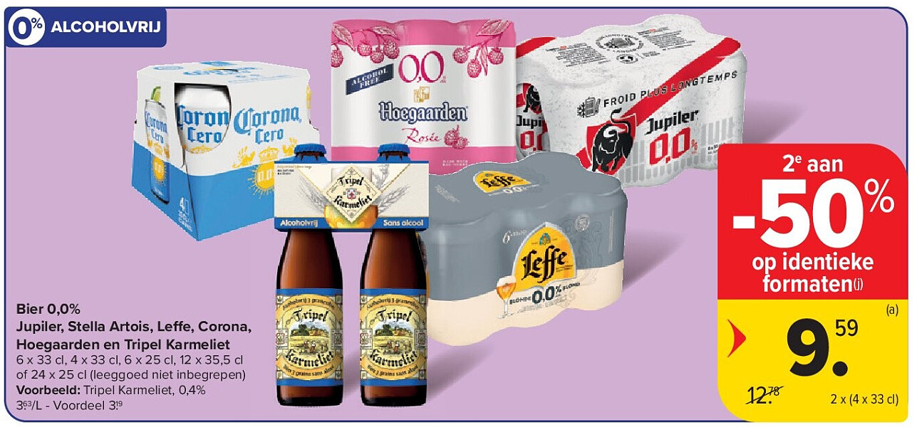 Bier 0,0% Jupiler, Stella Artois, Le e, Corona, Hoegaarden en Tripel Karmeliet
