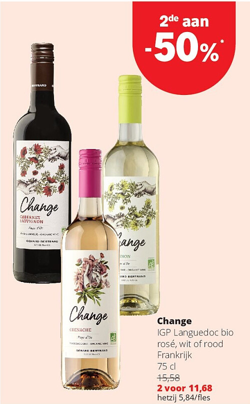 Change IGP Languedoc bio rosé, wit of rood Frankrijk 75 cl