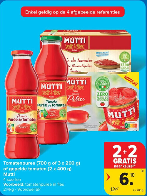 Tomatenpuree (700 g of 3 x 200 g) of gepelde tomaten (2 x 400 g) Mutti