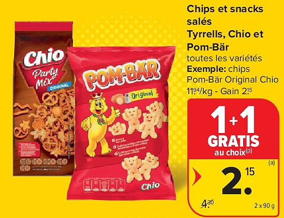 Chips et snacks salés Tyrrells, Chio et Pom-Bär 2 x 90 g