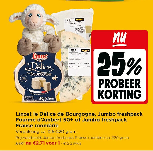Lincet le Délice de Bourgogne, Jumbo freshpack Fourme d’Ambert 50+ of Jumbo freshpack Franse roombrie