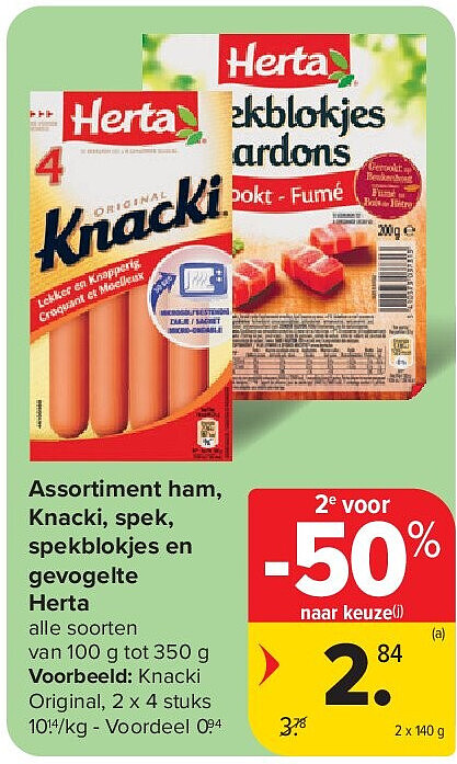 Assortiment ham, Knacki, spek, spekblokjes en gevogelte Herta