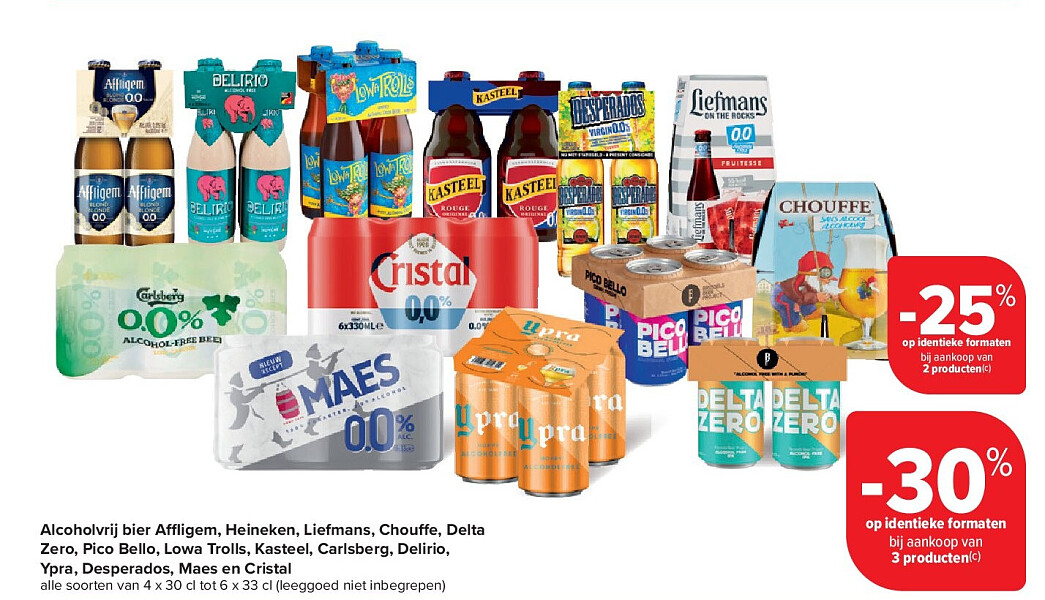 Alcoholvrij bier A igem, Heineken, Liefmans, Chou e, Delta Zero, Pico Bello, Lowa Trolls, Kasteel, Carlsberg, Delirio, Ypra, Desperados, Maes en Cristal
