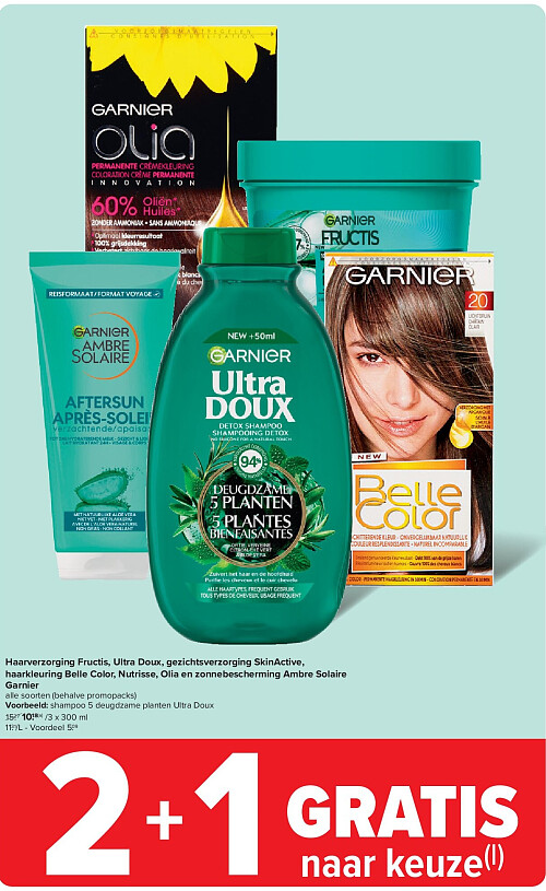 Haarverzorging Fructis, Ultra Doux, gezichtsverzorging SkinActive, haarkleuring Belle Color, Nutrisse, Olia en zonnebescherming Ambre Solaire Garnier
