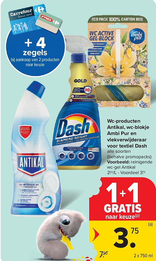 Wc-producten Antikal, wc-blokje Ambi Pur en vlekverwijderaar voor textiel Dash