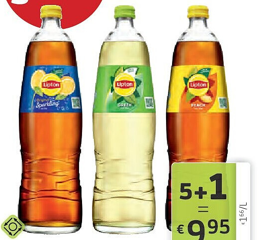 Lipton Ice Tea Sparkling Original, Green, Peach 6 x 1 l