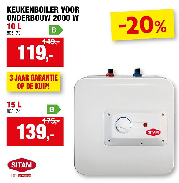 KEUKENBOILER VOOR ONDERBOUW 2000 W 10 L