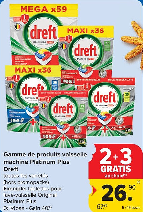 Gamme de produits vaisselle machine Platinum Plus Dreft 5 x 19 doses