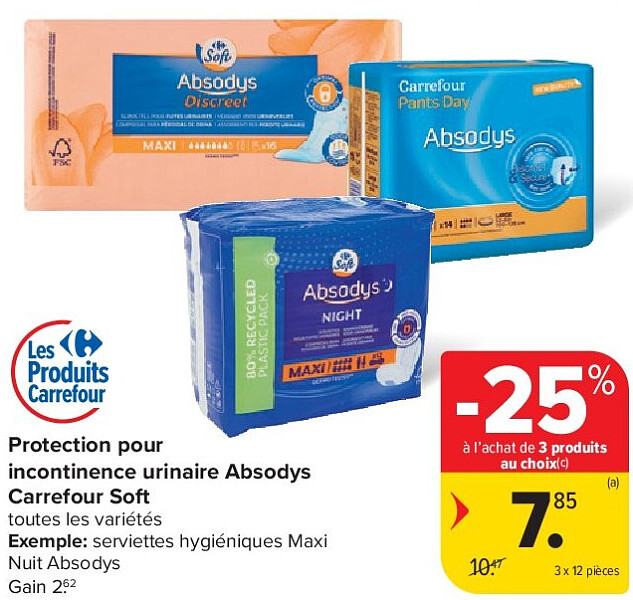 Protection pour incontinence urinaire Absodys Carrefour Soft 3 x 12 pièces