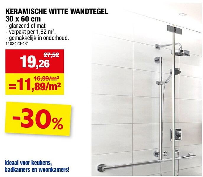 KERAMISCHE WITTE WANDTEGEL 30 x 60 cm