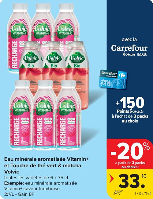 Eau minérale aromatisée Vitamin+ et Touche de thé vert & matcha Volvic 3 x (6 x 75 cl)