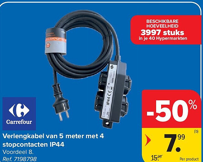 Verlengkabel van 5 meter met 4 stopcontacten IP44