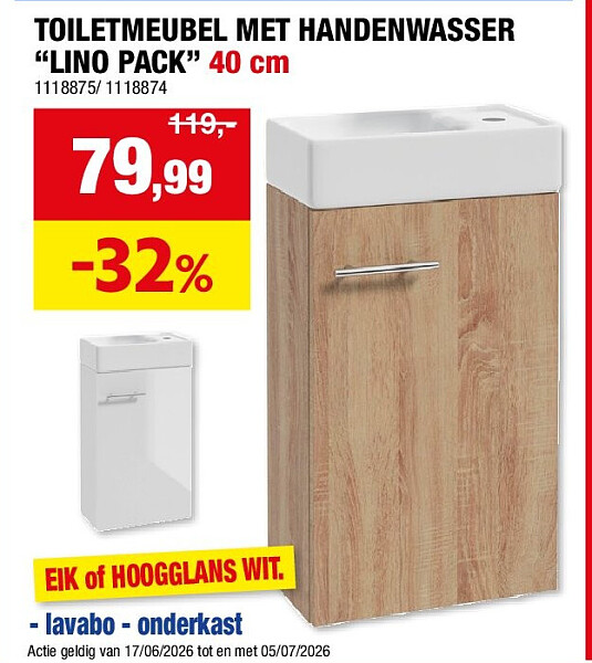 TOILETMEUBEL MET HANDENWASSER “LINO PACK” 40 cm