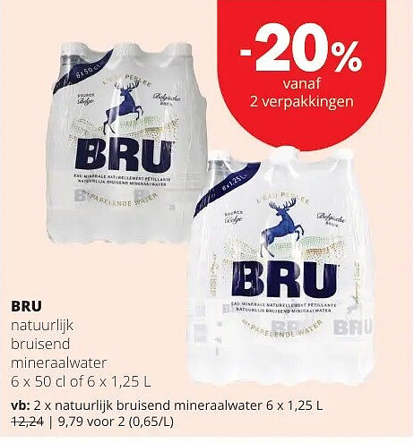 BRU natuurlijk bruisend mineraalwater 6 x 1,25 L