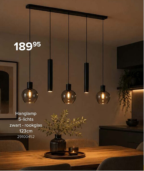 Hanglamp 5-lichts zwart - rookglas 123 cm