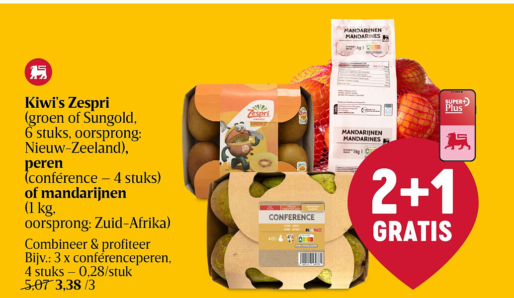 Kiwi's Zespri (groen of Sungold, 6 stuks, oorsprong: Nieuw-Zeeland), peren (conférence – 4 stuks) of mandarijnen (1 kg, oorsprong: Zuid-Afrika)