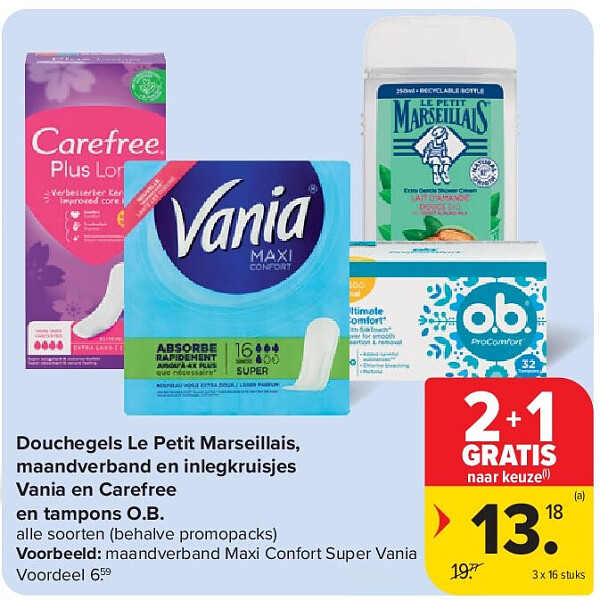Douchegels Le Petit Marseillais, maandverband en inlegkruisjes Vania en Carefree en tampons O.B.