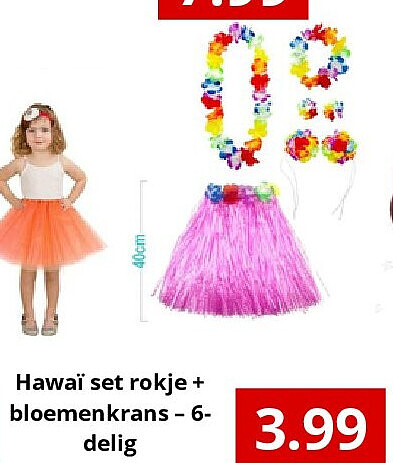 Hawaï set rokje + bloemenkrans – 6- delig