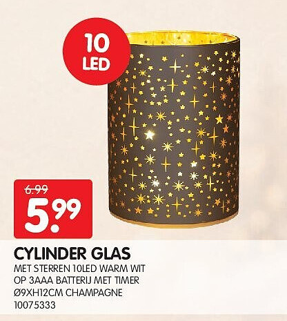 CYLINDER GLAS MET STERREN 10LED WARM WIT OP 3AAA BATTERIJ MET TIMER Ø9XH12CM CHAMPAGNE