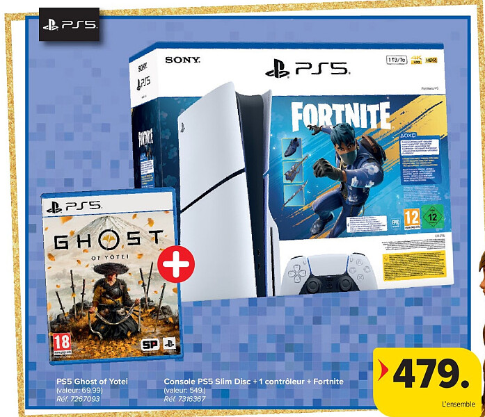 Console PS5 Slim Disc + 1 contrôleur + Fortnite