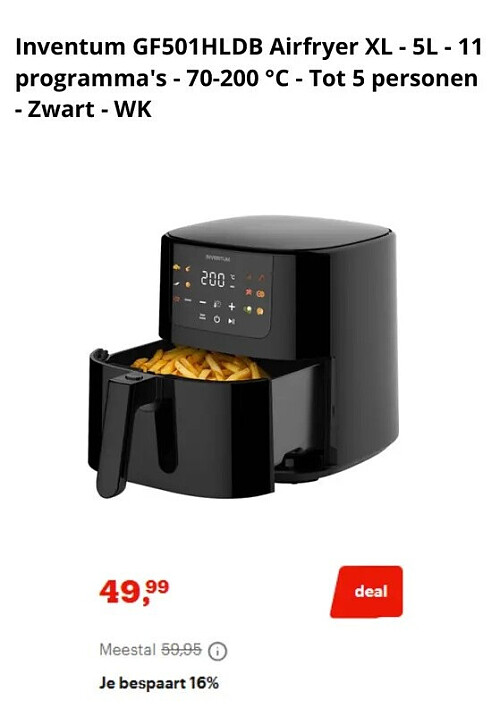 Inventum GF501HLDB Airfryer XL - 5L - 11 programma's - 70-200 °C - Tot 5 personen - Zwart - WK