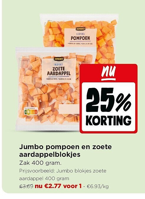 Jumbo pompoen en zoete aardappelblokjes