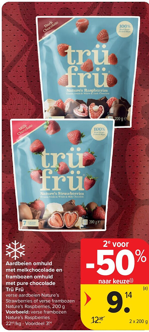 Aardbeien omhuld met melkchocolade en frambozen omhuld met pure chocolade Trü Frü
