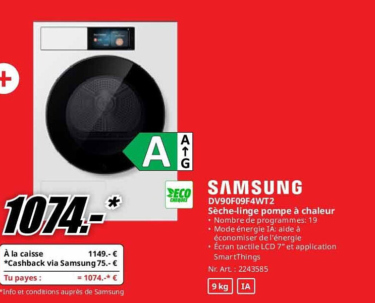 Samsung DV90F09F4WT2 Sèche-linge pompe à chaleur