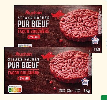 Steaks hachés pur bœuf façon bouchère 15% M.G. surgelés Auchan