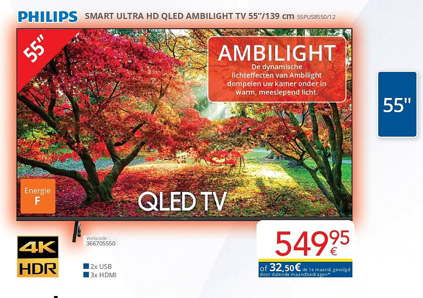 Philips SMART ULTRA HD QLED AMBILIGHT TV 55’’/139 cm 55PUS8550/12