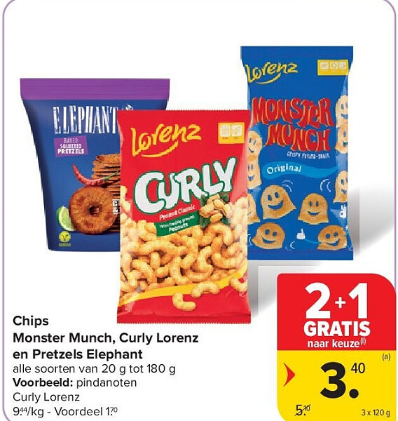Chips Monster Munch, Curly Lorenz en Pretzels Elephant