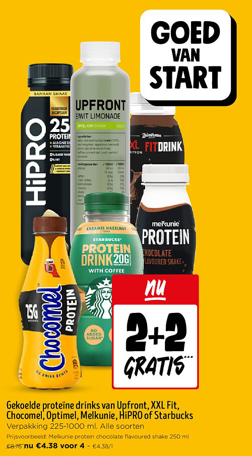 Gekoelde proteïne drinks van Upfront, XXL Fit, Chocomel, Optimel, Melkunie, HiPRO of Starbucks