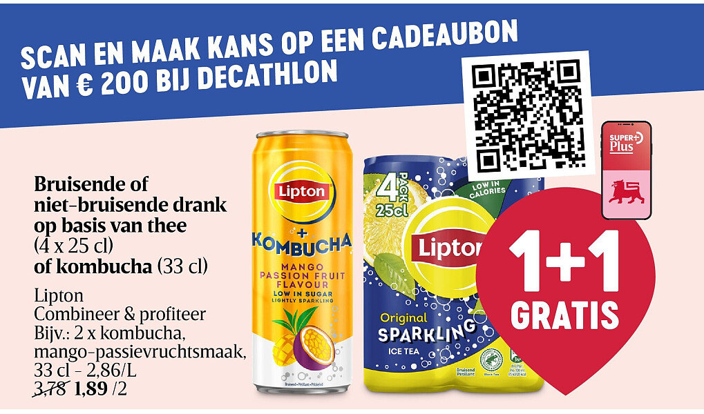 Bruisende of niet-bruisende drank op basis van thee (4 x 25 cl) of kombucha (33 cl)