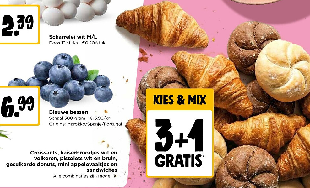 Croissants, kaiserbroodjes wit en volkoren, pistolets wit en bruin, gesuikerde donuts, mini appelovaaltjes en sandwiches