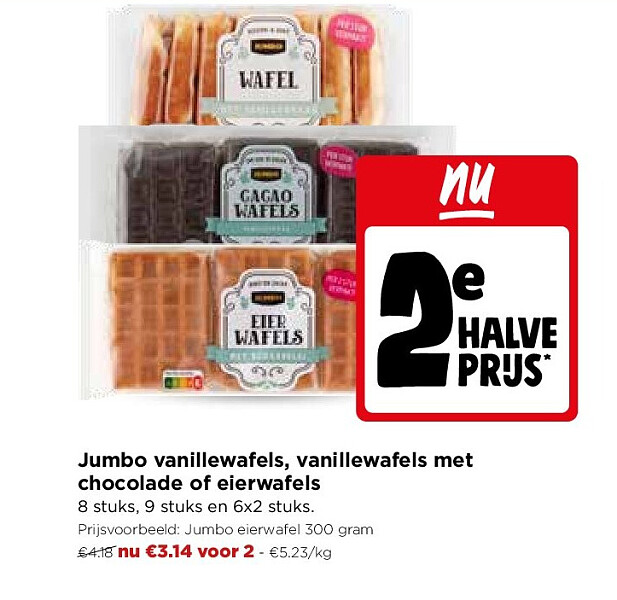 Jumbo vanillewafels, vanillewafels met chocolade of eierwafels