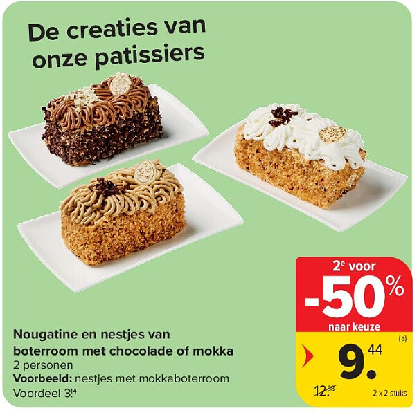 Nougatine en nestjes van boterroom met chocolade of mokka