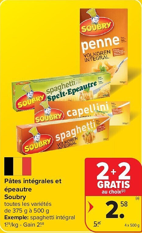 Pâtes intégrales et épeautre Soubry 4 x 500 g