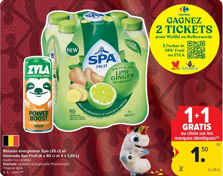 Boisson énergisante Zyla (25 cl) et limonade Spa Fruit (6 x 40 cl et 4 x 1,25 L)