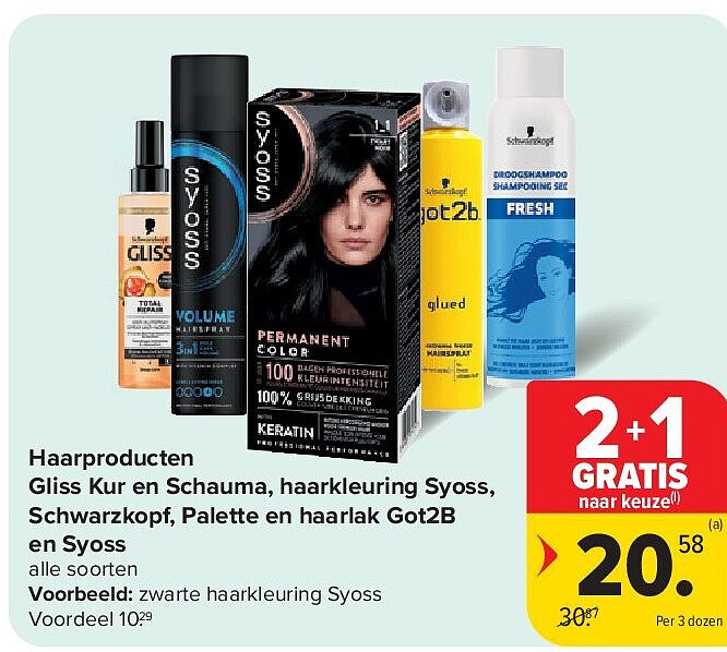 Haarproducten Gliss Kur en Schauma, haarkleuring Syoss, Schwarzkopf, Palette en haarlak Got2B en Syoss